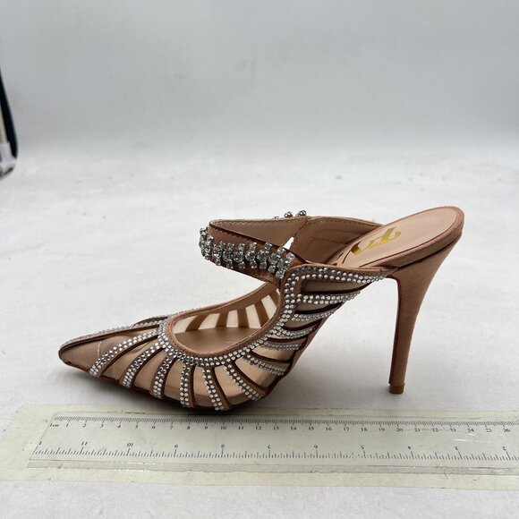 FYS Nude Pointed Toe Slip on Mules Rhinestone Studded Stiletto High Heel Sandals - Picture 2 of 8